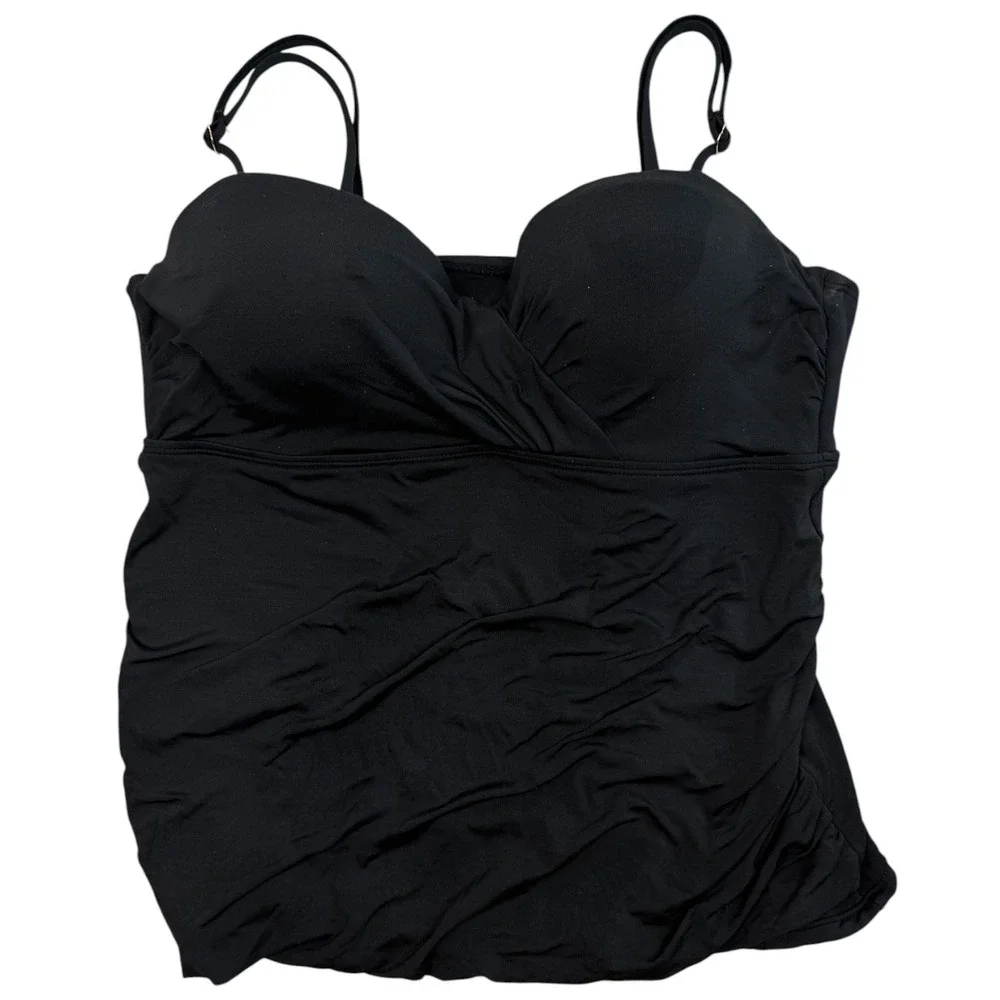 APT.9 Tankini Swim Top Womens L Black Underwire Ruched Tummy Control Adjustable